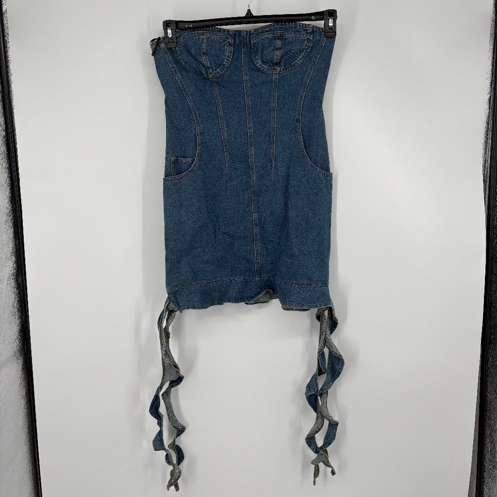 Another Mode Women's Jellyfish Strapless Corset Denim Mini Dress Blue Size L NWT